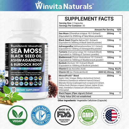 Clean Nutra Sea Moss, Black Seed Oil, Ashwagandha & Burdock Root