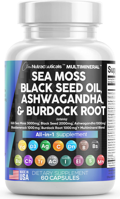 Clean Nutra Sea Moss, Black Seed Oil, Ashwagandha & Burdock Root